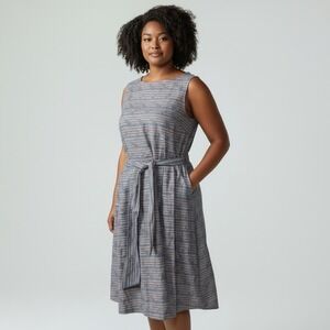 LL Bean Signature  Belted Midi Dress Blue Stripe Preppy Clean Girl Feminine 14